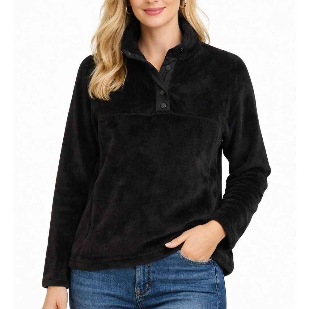 Lands End black plush cozy quarter snap pullover sweater xs